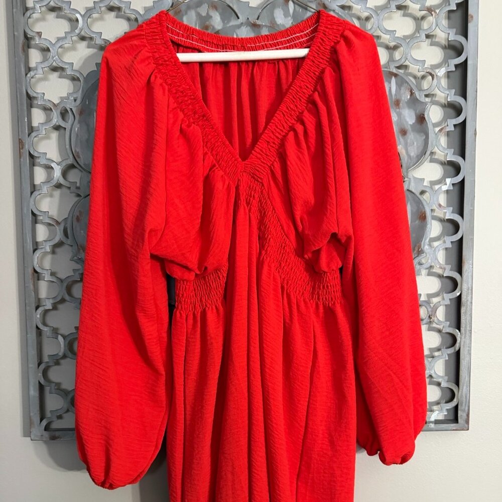 Red Smocked Waist V-Neck Long Sleeve Mini Dress – Size L